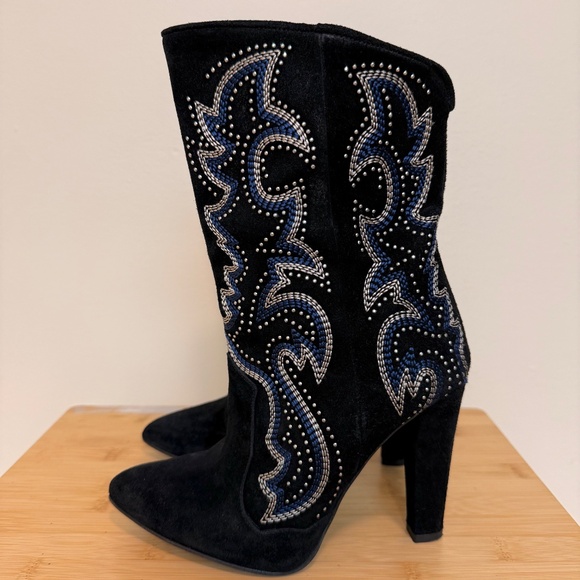 Zara Black Suede Rhinestone High Heel Boots - Picture 4 of 12